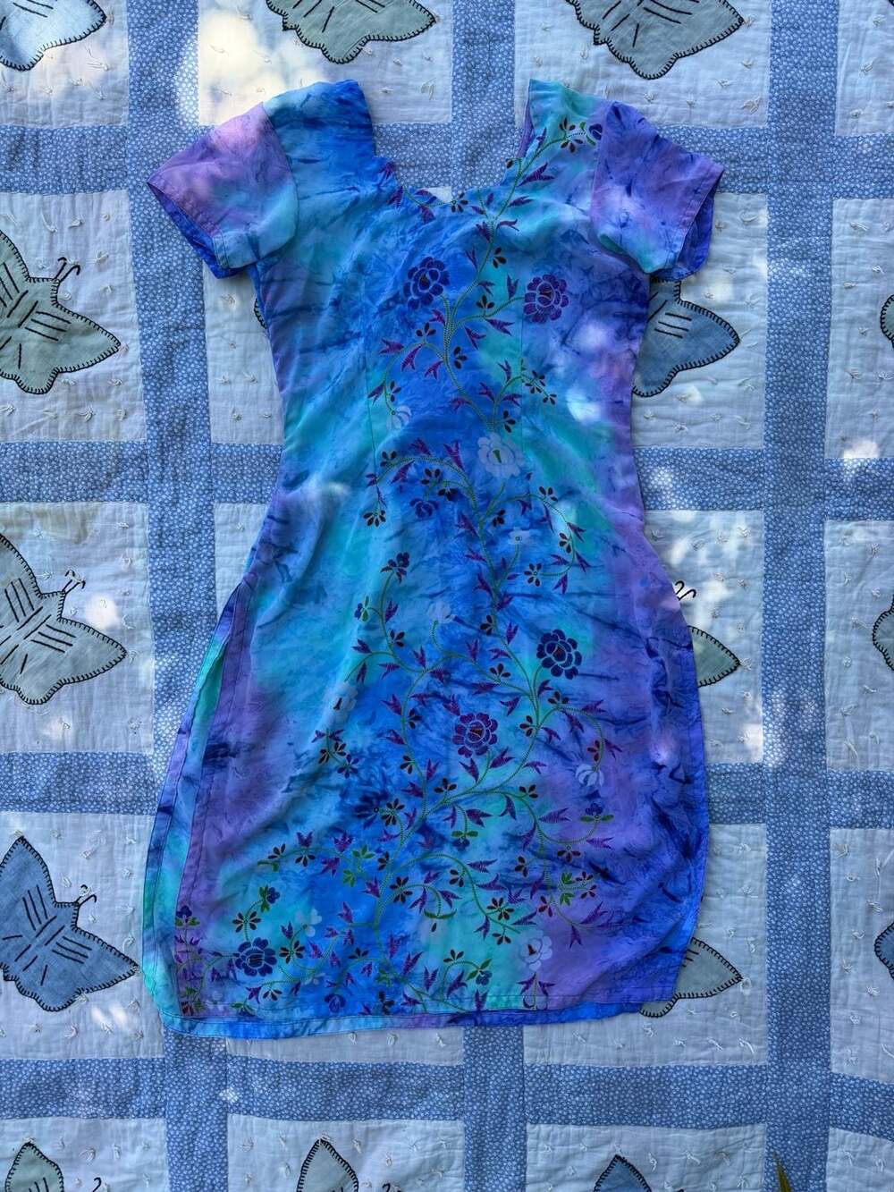 Y2K Vintage Floral Embroidered Tie-Dye Sheer Dress in Blue and Purple
